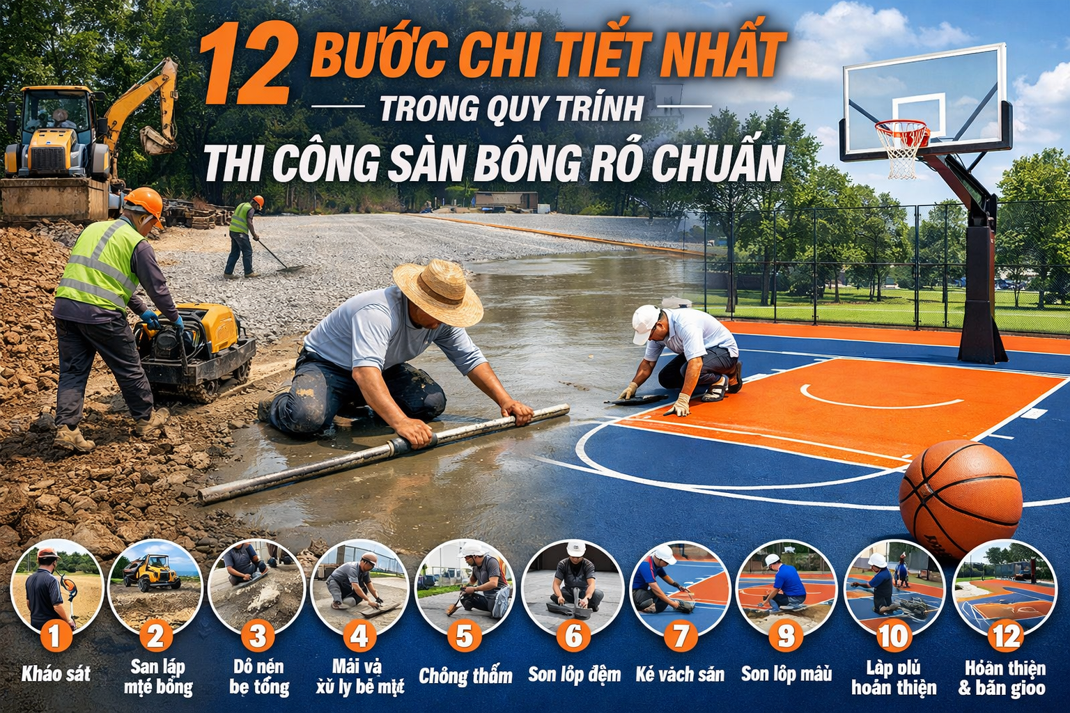 12 Bước Chi Tiết Nhất Trong Quy Trình Thi Công Sân Bóng Rổ Chuẩn