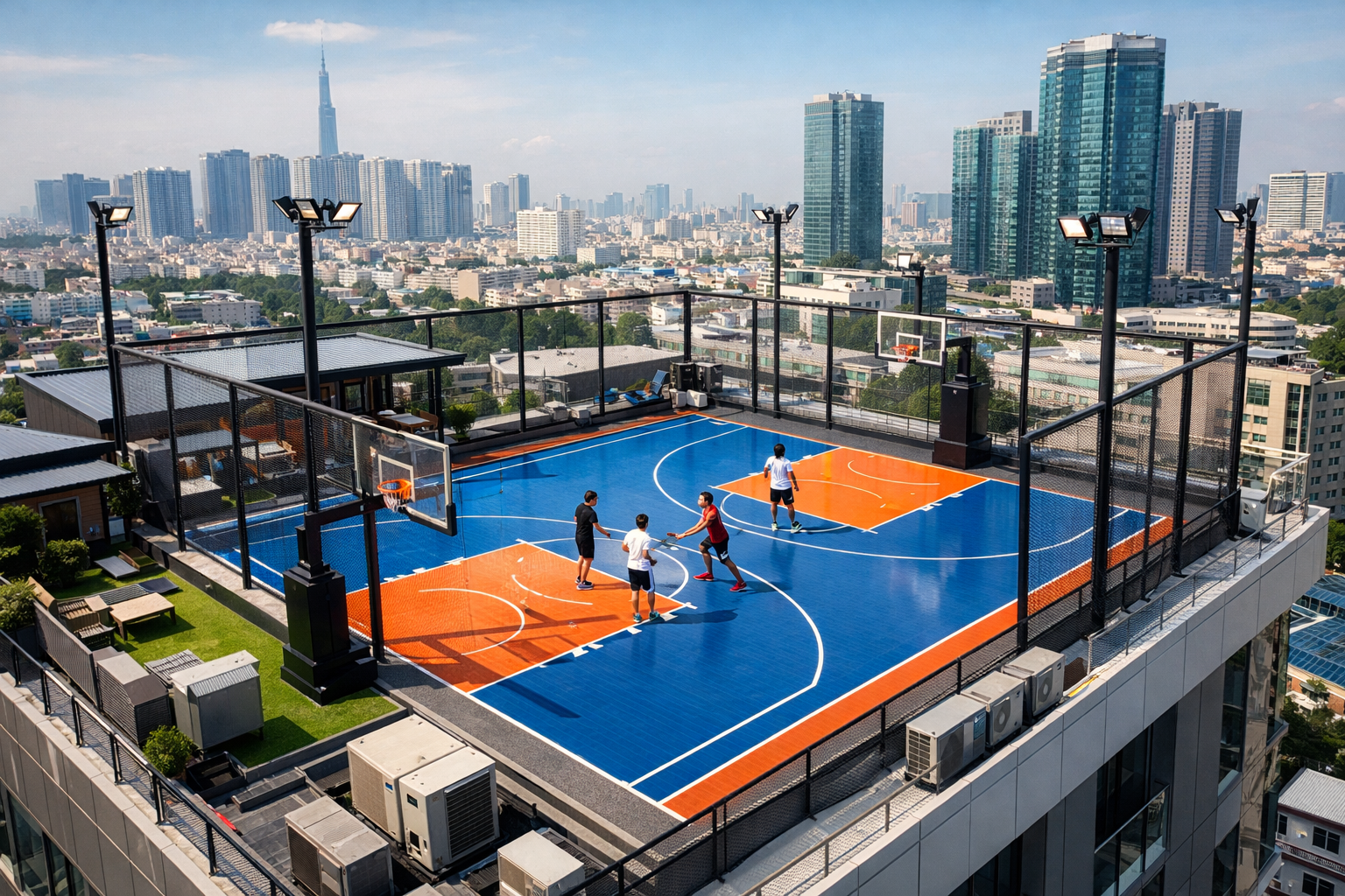 thi công sân bóng rổ tầng thượng