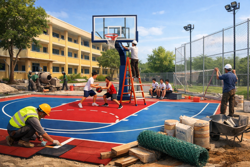 thi công sân bóng rổ trường học