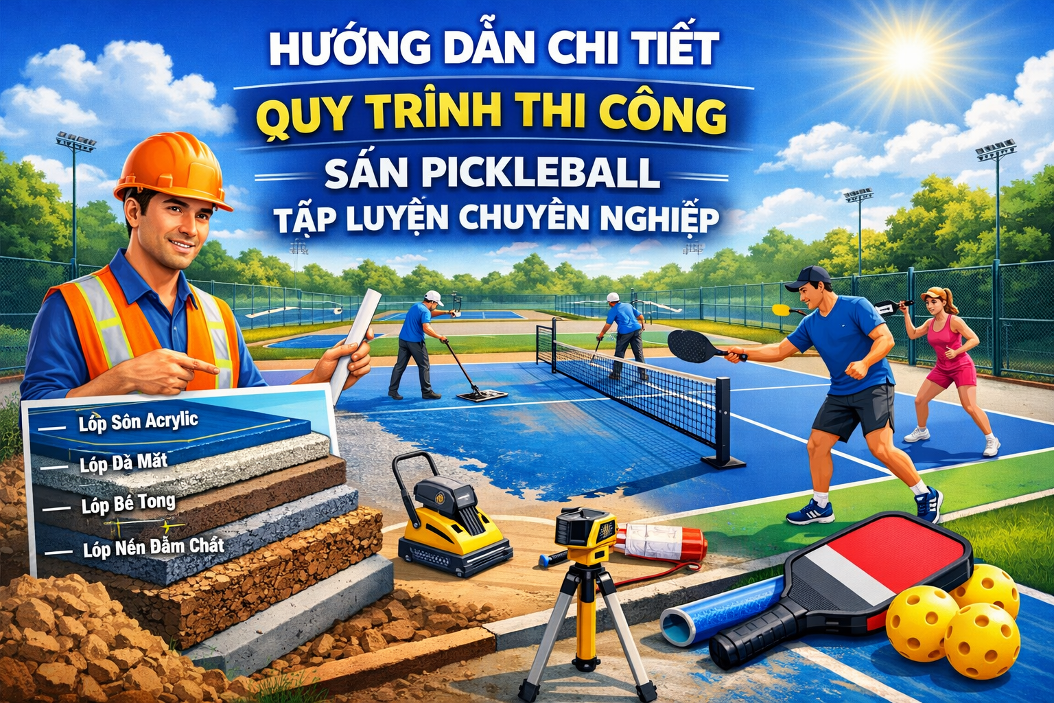 thi công sân pickleball tập luyện