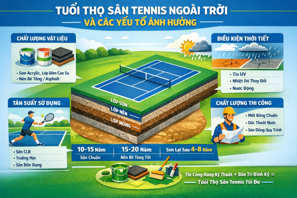 sân tennis ngoài trời dùng được bao lâu