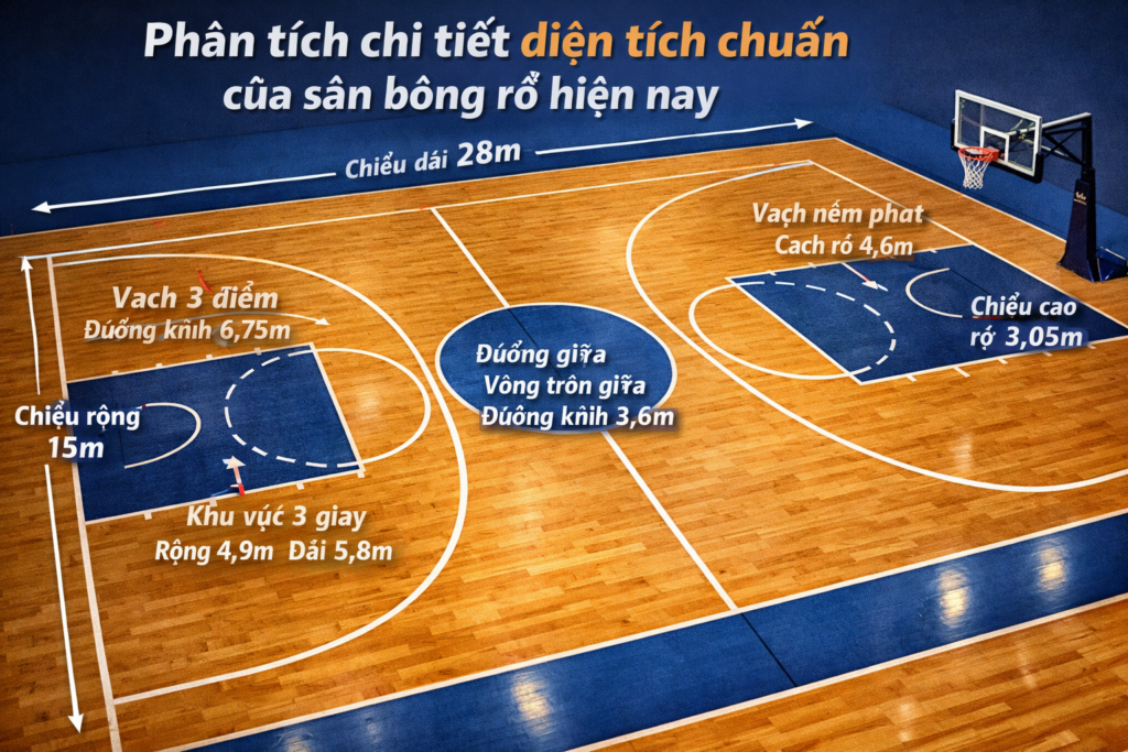 1 sân bóng rổ bao nhiêu mét vuông
