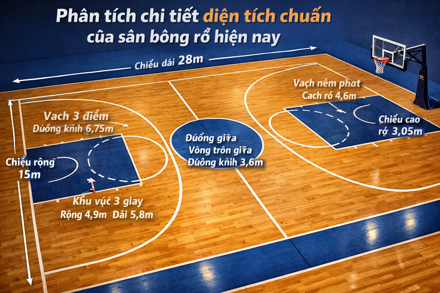 1 sân bóng rổ bao nhiêu mét vuông