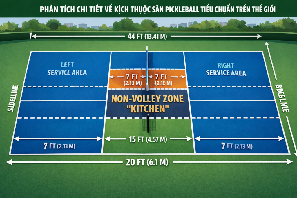 Kích thước sân pickleball tiêu chuẩn