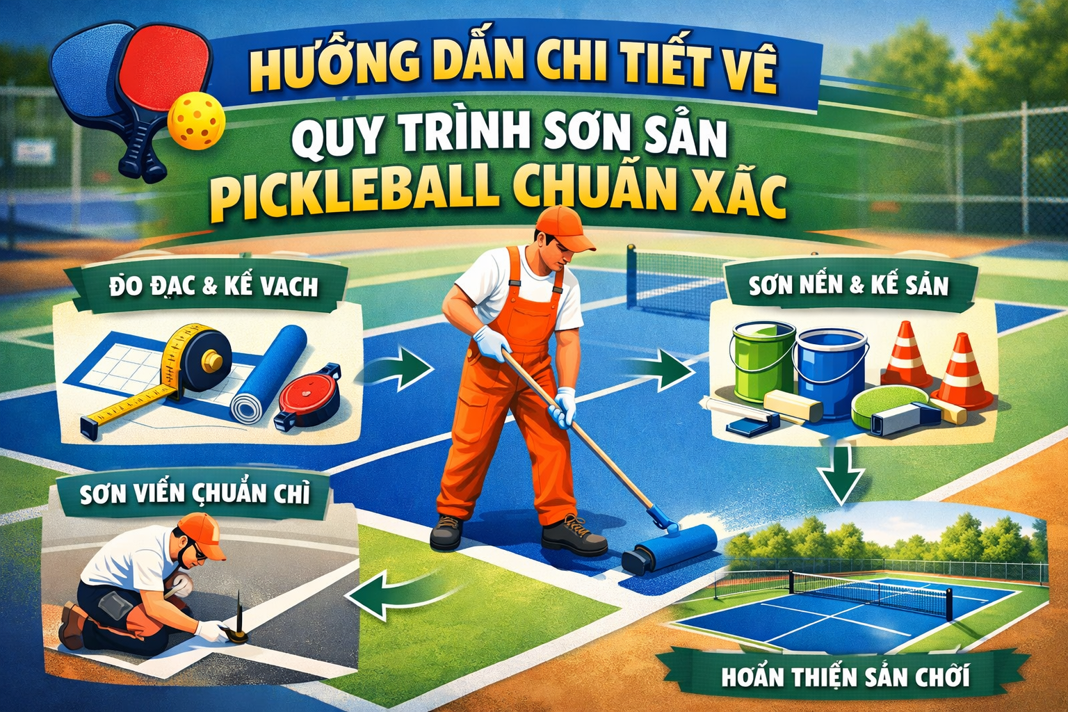  thi công sơn sân pickleball đúng kỹ thuật