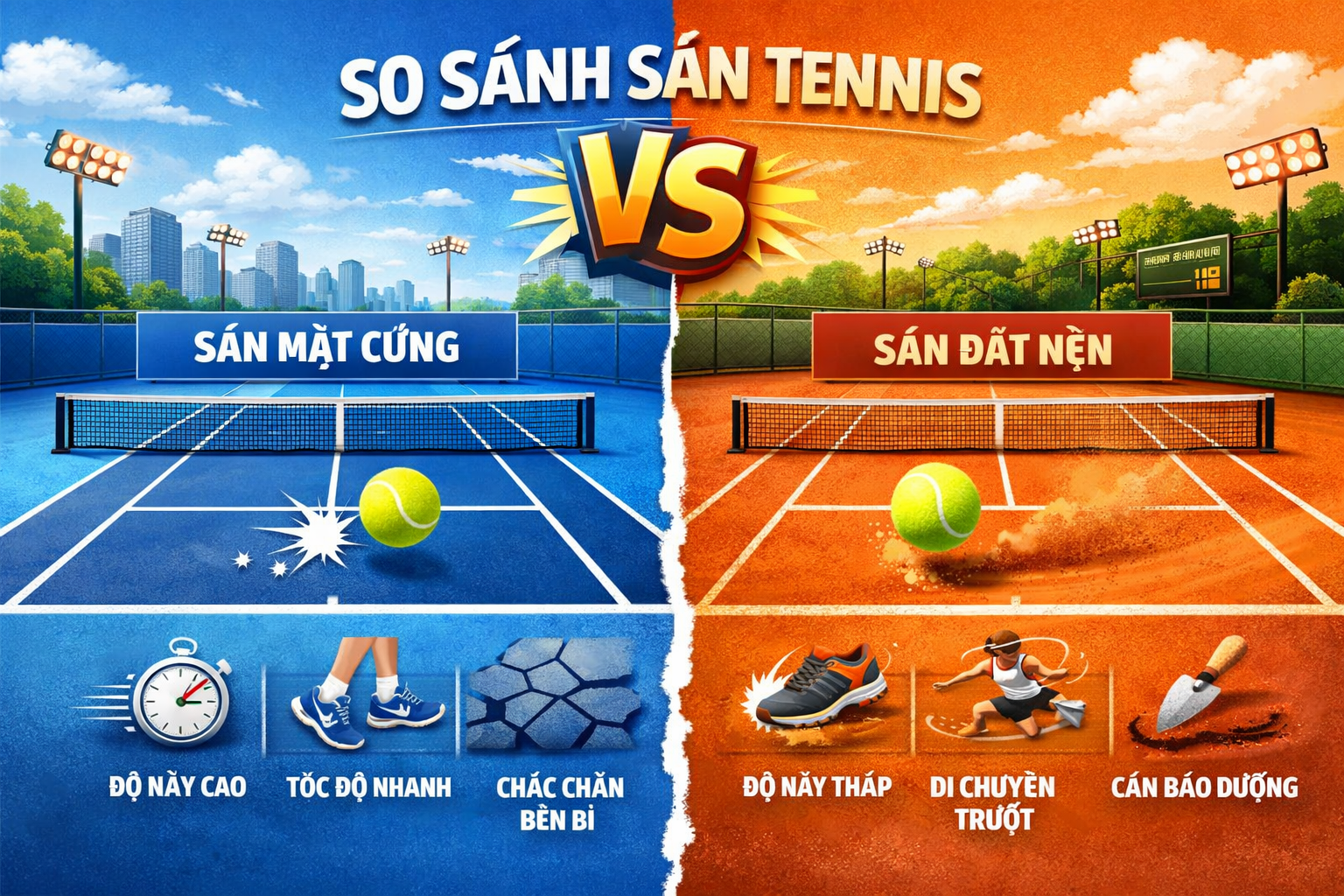 so sánh sân tennis mặt cứng và đất nện