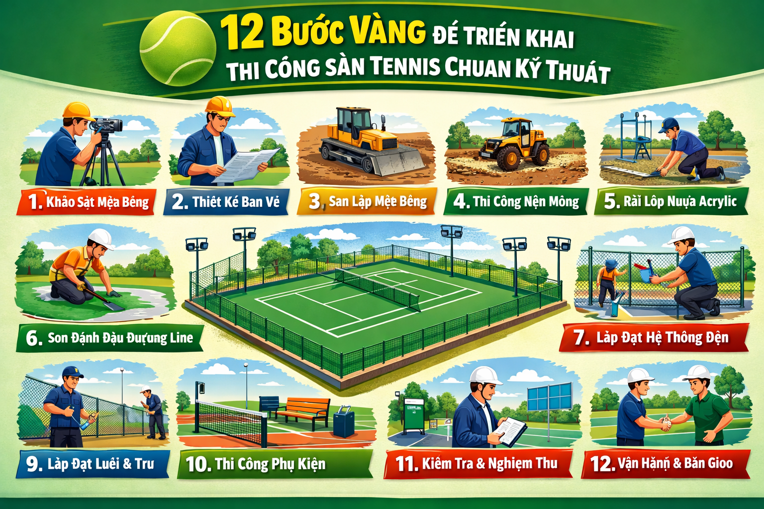 kinh nghiệm thi công sân tennis Chuẩn Kỹ Thuật