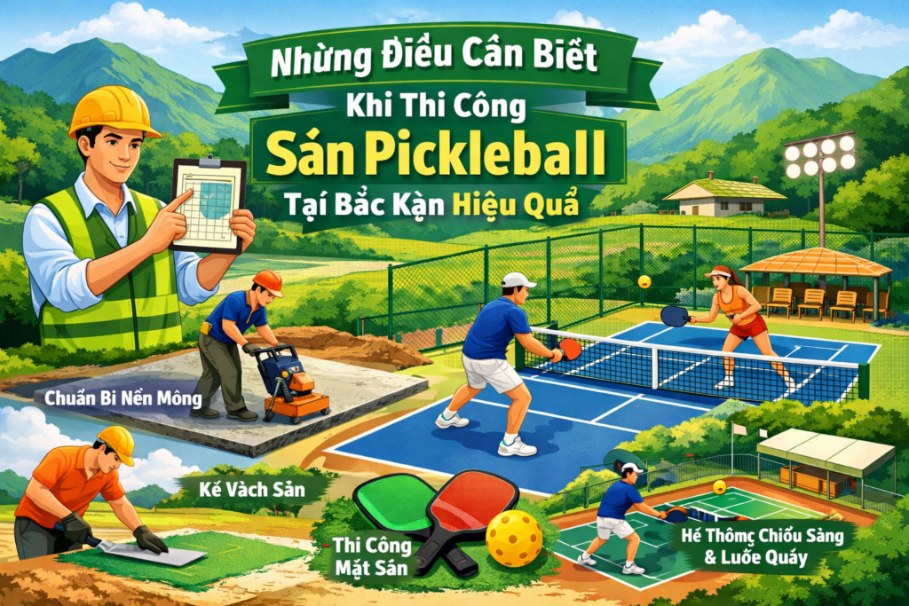 Thi công sân pickleball Bắc Kạn là một quá trình đòi hỏi chuyên môn sâu, sự chuẩn bị kỹ lưỡng về mặt kỹ thuật, vật liệu và thiết kế phù hợp với điều kiện tự nhiên đặc thù.