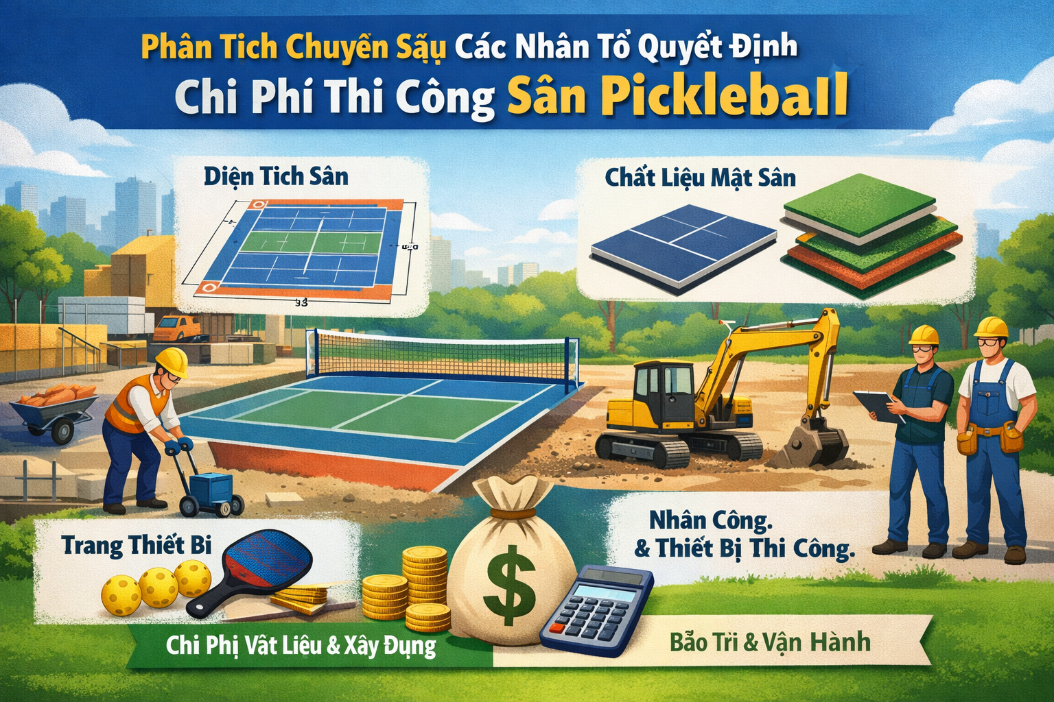 yếu tố ảnh hưởng giá thi công sân pickleball 