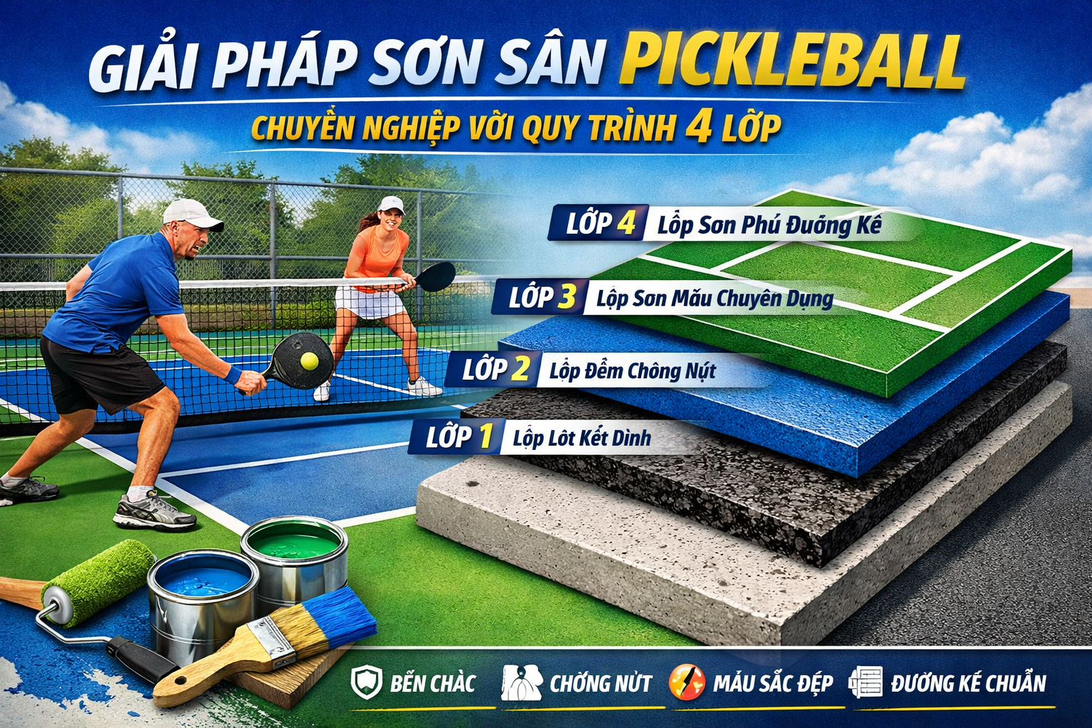 thi công sơn sân Pickleball 4 lớp