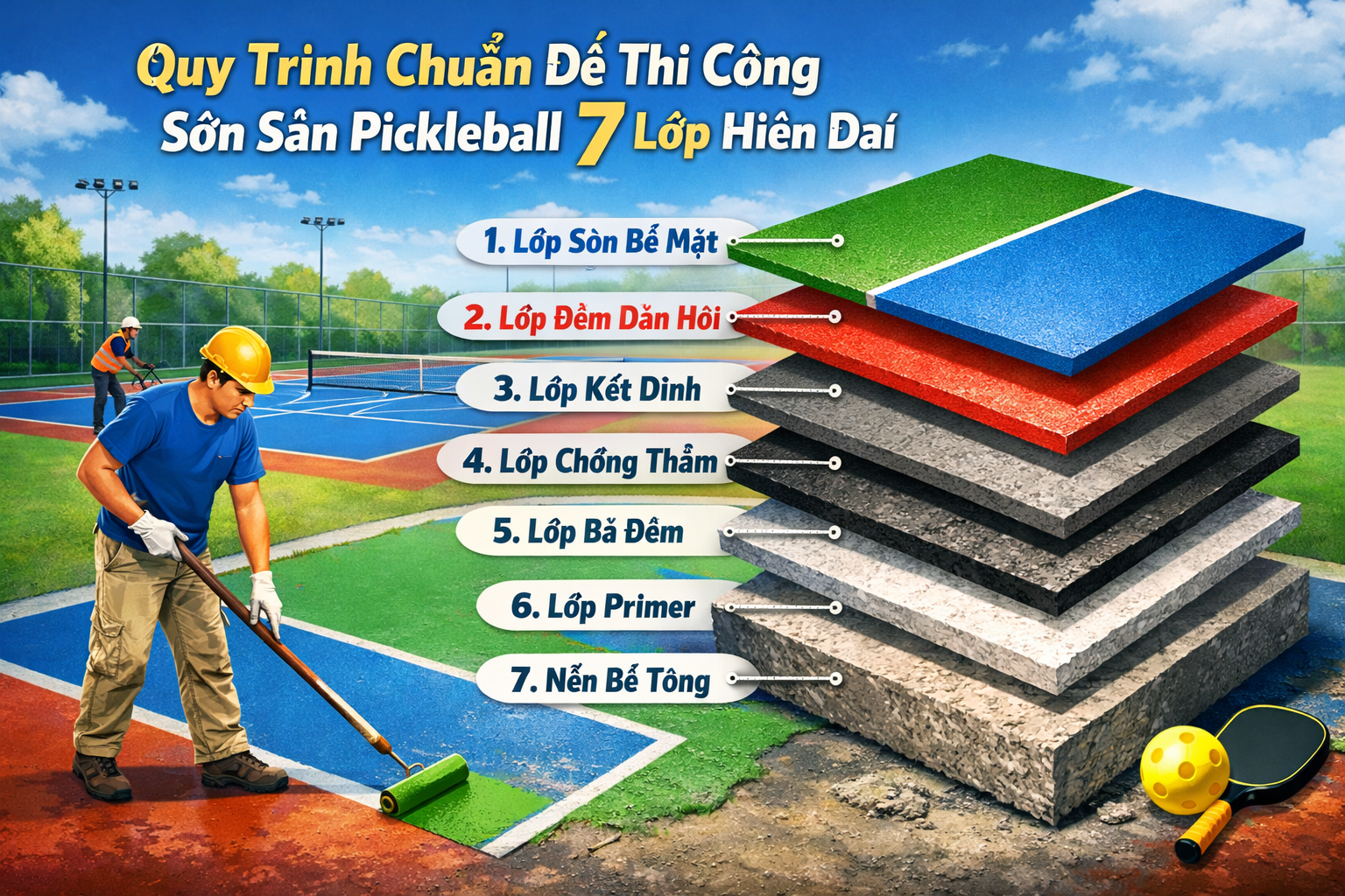 Thi Công Sơn Sân Pickleball 7 Lớp